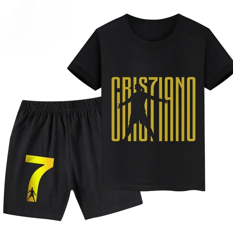 Summer Ronaldo Printed Children's Set Short-sleeved Shorts Suit Sports Kid T-shirt 2-piece Set Street Fashion Boys Baby Clothing