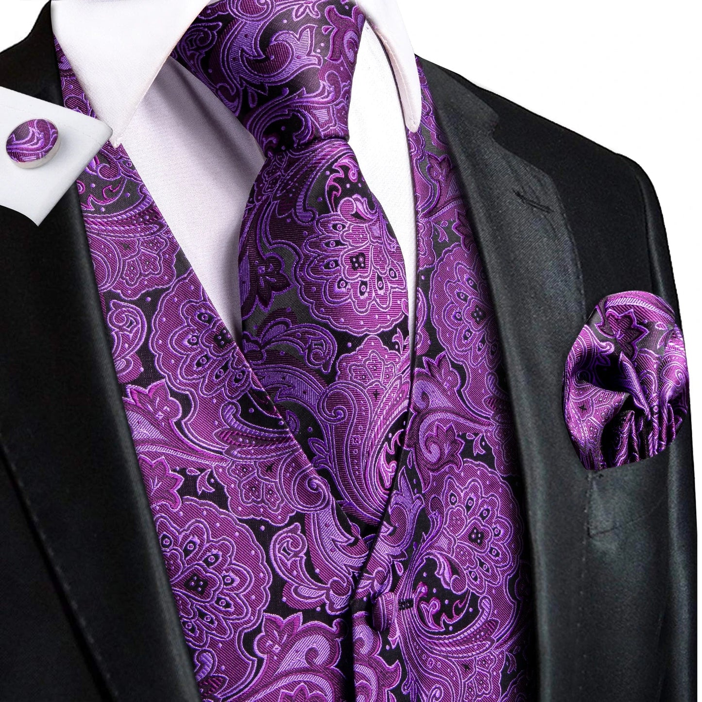 Green Mint Purple Mens Silk Vest Tie Jacquard Autumn Spring Suit Waistcoat Jacket Necktie Hanky Cufflinks for Men Wedding