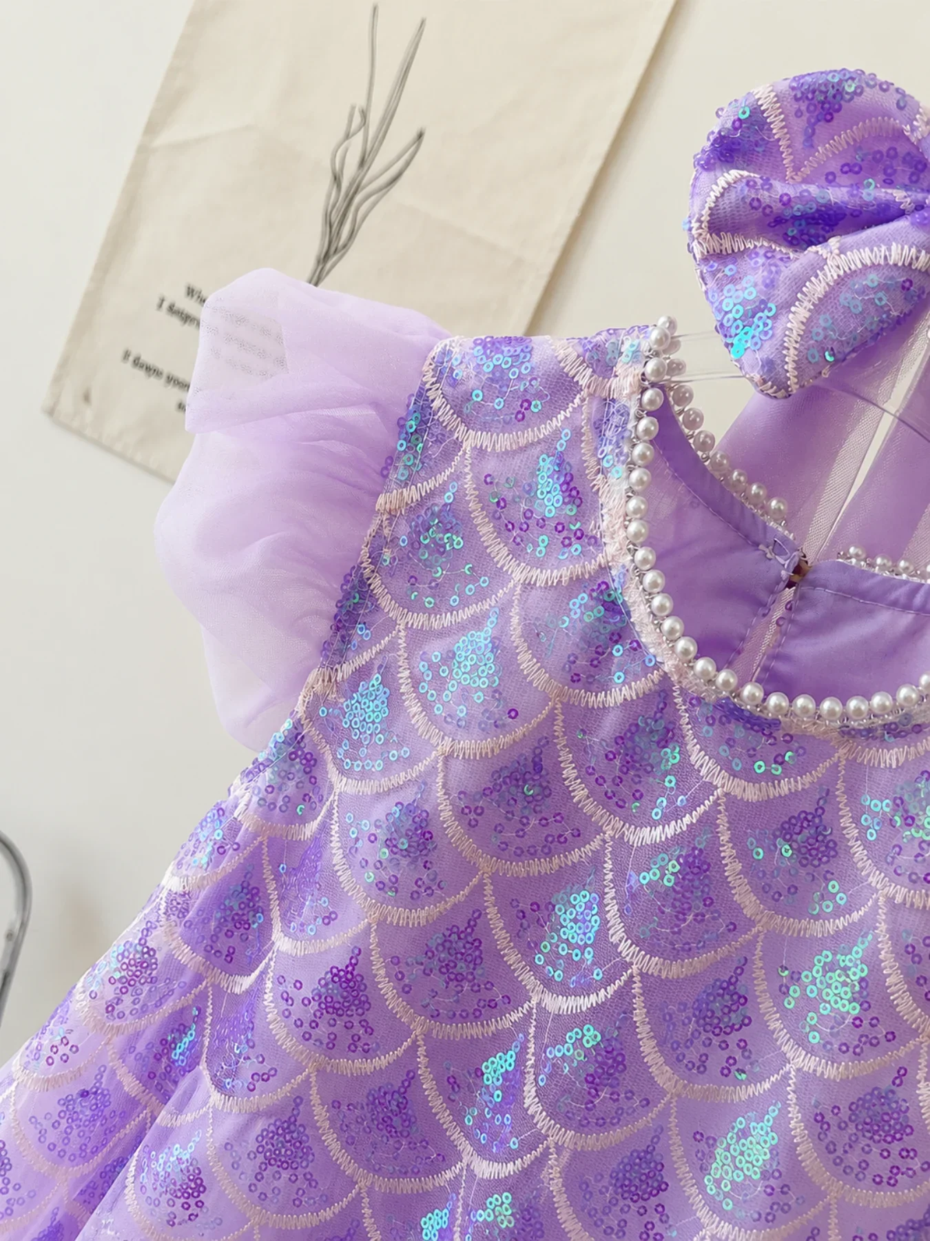 Girls Purple Mermaid Sequin Tulle Dress with Bow Veil Headband Kids Flutter Sleeve Princess Birthday Party Costume Dress
