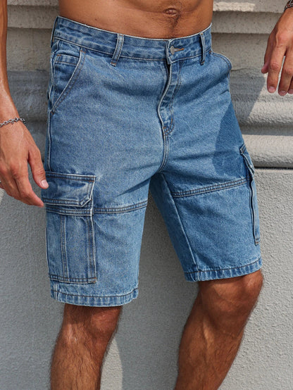 Men's Summer Workwear Denim Shorts, Blue Multi-Pocket Style. Stylish and Casual, Suitable for Streetwear.