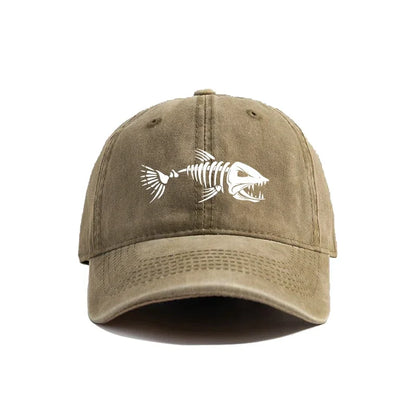 White fishbone printed baseball cap, vintage style, fashionable and versatile for both men and women