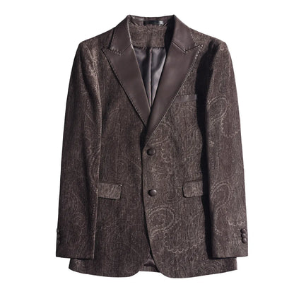2025 Fashion Leather Neck Spliced Suit Jacket Luxury Men's Business Slim Fit Social Formal Blazers Coats Wedding Groom Tuxedos