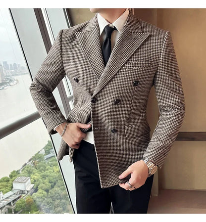 British Style Men Double Breasted Slim Fit Blazer 2024 New Houndstooth Slim Fit Suit Jacket Formal Business Wedding Dress Jacket