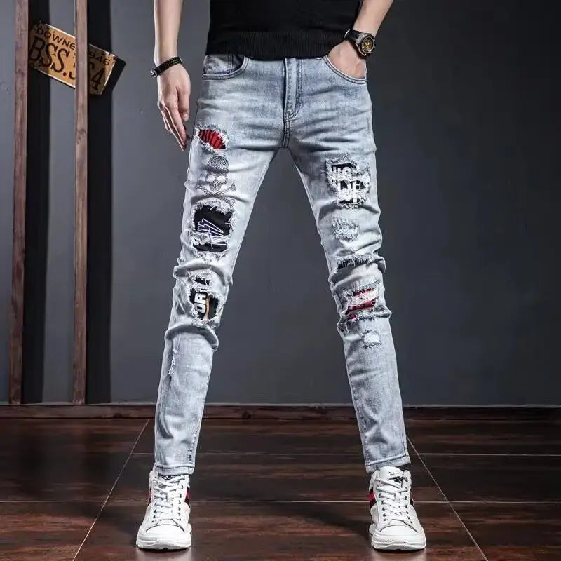 Korean Man Designer Clothes 2025 White Jeans Men Spring Autumn Printed Students Slim Stretch Pencil Pants Workwear Long Trousers