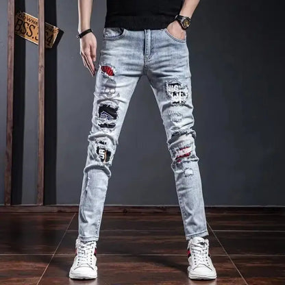 Korean Man Designer Clothes 2025 White Jeans Men Spring Autumn Printed Students Slim Stretch Pencil Pants Workwear Long Trousers