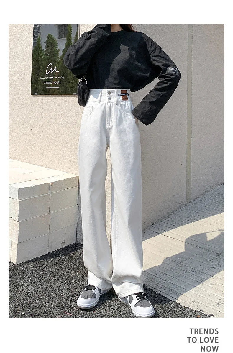 Y2K Woman Jeans High Waist Wide Leg Cotton Denim Clothing Blue White Streetwear Vintage Fashion Harajuku Straight Pants
