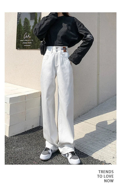 Y2K Woman Jeans High Waist Wide Leg Cotton Denim Clothing Blue White Streetwear Vintage Fashion Harajuku Straight Pants