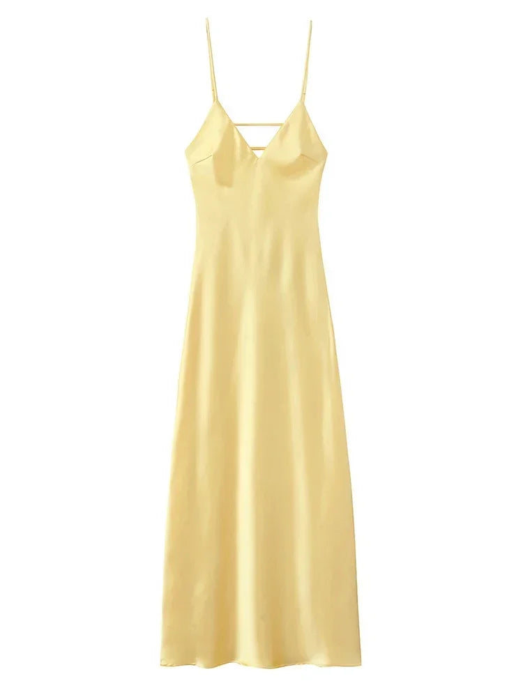 Yellow Satin Sling Dress Women Elegant V Neck Sleeveless Backless High Waist Maxi Dresses 2025 Summer Lady Party Evening Robes