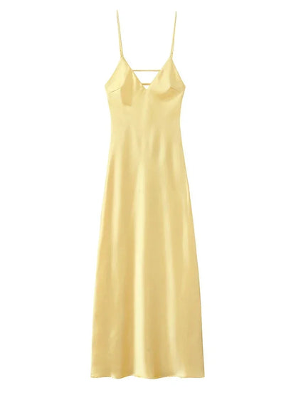 Yellow Satin Sling Dress Women Elegant V Neck Sleeveless Backless High Waist Maxi Dresses 2025 Summer Lady Party Evening Robes