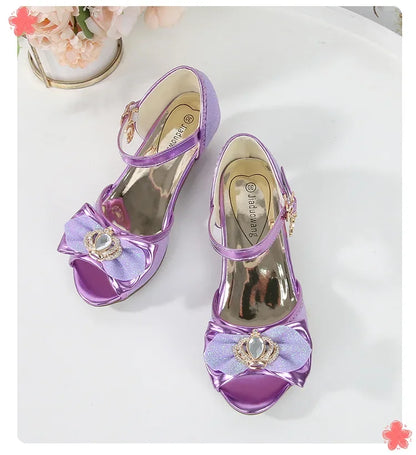 New Girl's High Heel Shoes for Kids Party Wedding Fashion Princess Causal Dress Shoes Sequins Versatile Children's Crown Sandals