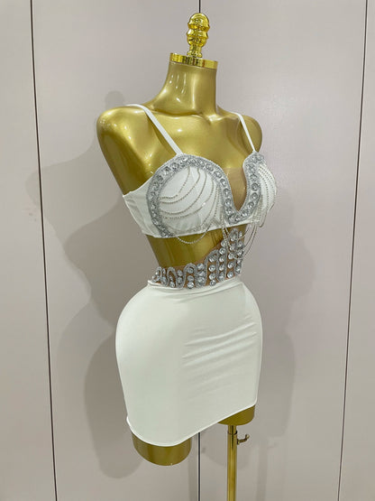 STOCK Luxury Shiny Diamond Chain White Sexy Sleeveless Bodycon Mini Dress 2025New Evening Birthday Party Nightclub Stage Costume