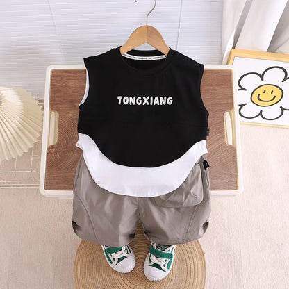 Summer Cartoon Print Baby Boys Girls Cotton Sport Letter Vest Shorts Set Toddler Kids Casual Tracksuit Infant Clothing Set