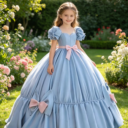 Customized Blue Flower Girl Dress For Wedding Bow Short Sleeve Floor Length Elegant Kids Birthday Party First Communion Gown