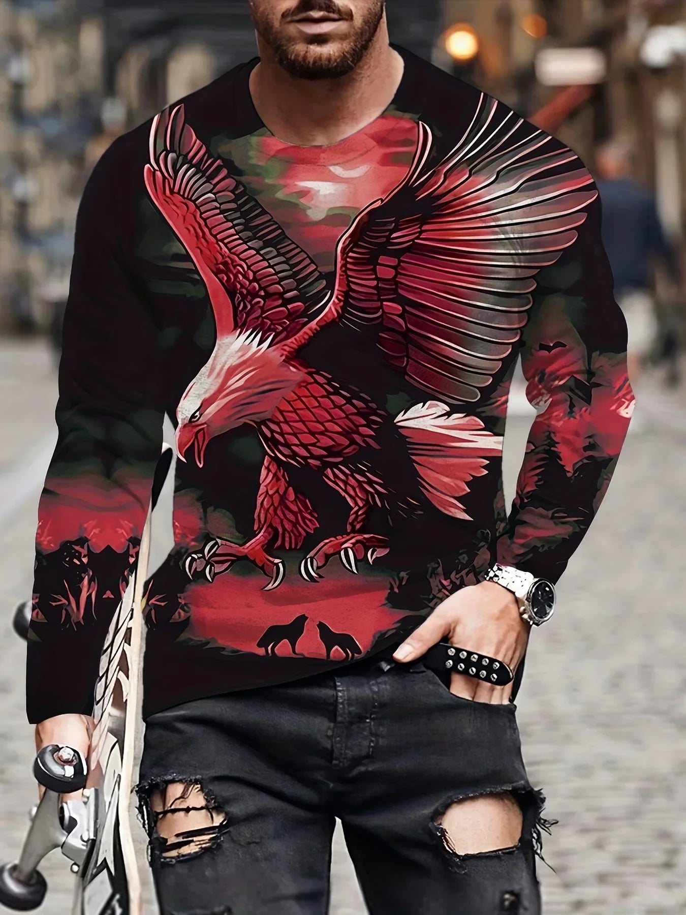 Men's Eagle Printed Long Sleeve Round Neck Retro Novelty T Shirt Autumn Fashion Large Size Long Sleeve Men's Shirt Clothing