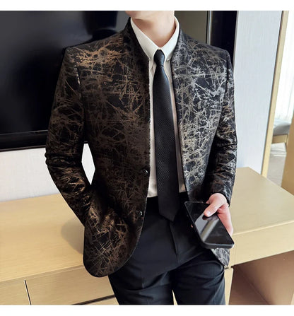 New Chinese Style Stand Up Collar Jacquard Suit Coats Men Slim Business Casual Fashion Suits Jacket Formal Social Party Tuxedos