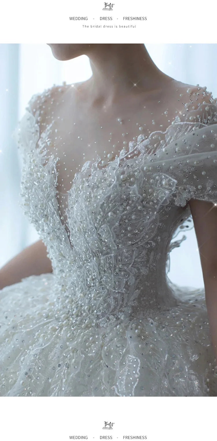 2025 Princess Sexy Luxury Crystal Beaded Wedding Dress Puff Tulle White Gown Bride Pregnant Women's High-end Gown with Trailing