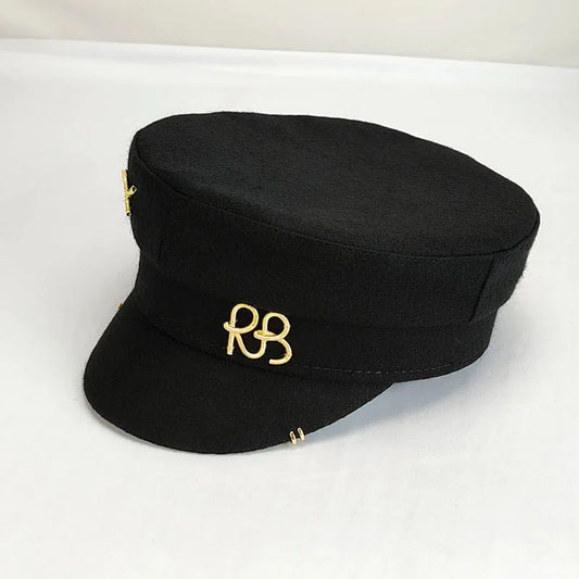 Brand New Autumn Winter Wool Hat with Metal Letter Logo Women Newsboy Cap with Earrings Flat Caps