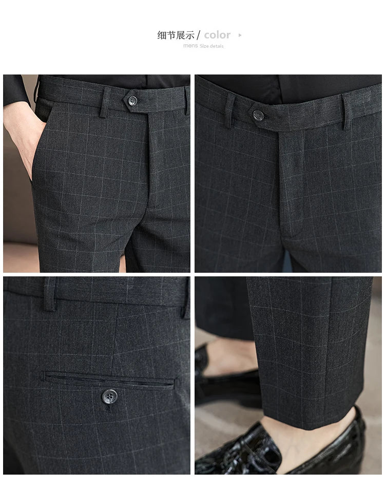 2026 High Quality Men's Plaid Striped Suit Pants Fashion Business Slim Fit Casual Straight Pants Formal Wedding Party Trousers