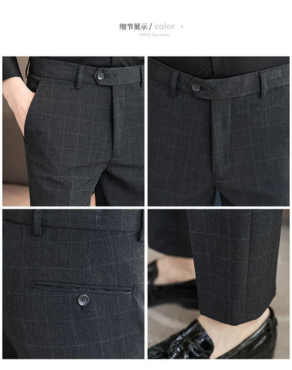 2026 High Quality Men's Plaid Striped Suit Pants Fashion Business Slim Fit Casual Straight Pants Formal Wedding Party Trousers