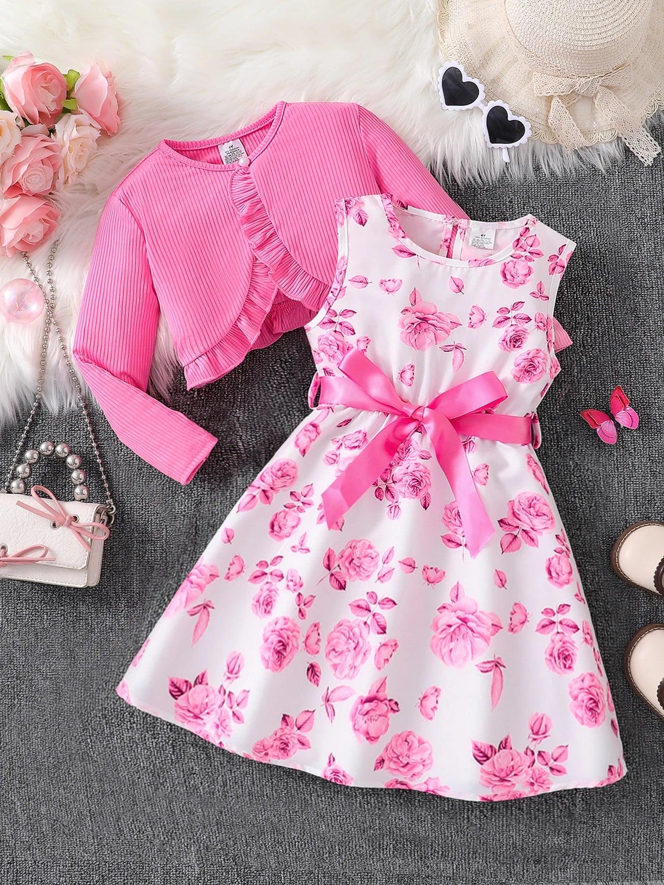 Children's Clothing Girl Autumn Fashion Casual Pink Floral Dress Set 2-Piece Set - Pink Round Neck Vest + Pink Floral Skirt