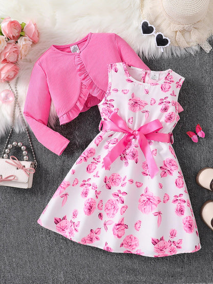 Children's Clothing Girl Autumn Fashion Casual Pink Floral Dress Set 2-Piece Set - Pink Round Neck Vest + Pink Floral Skirt