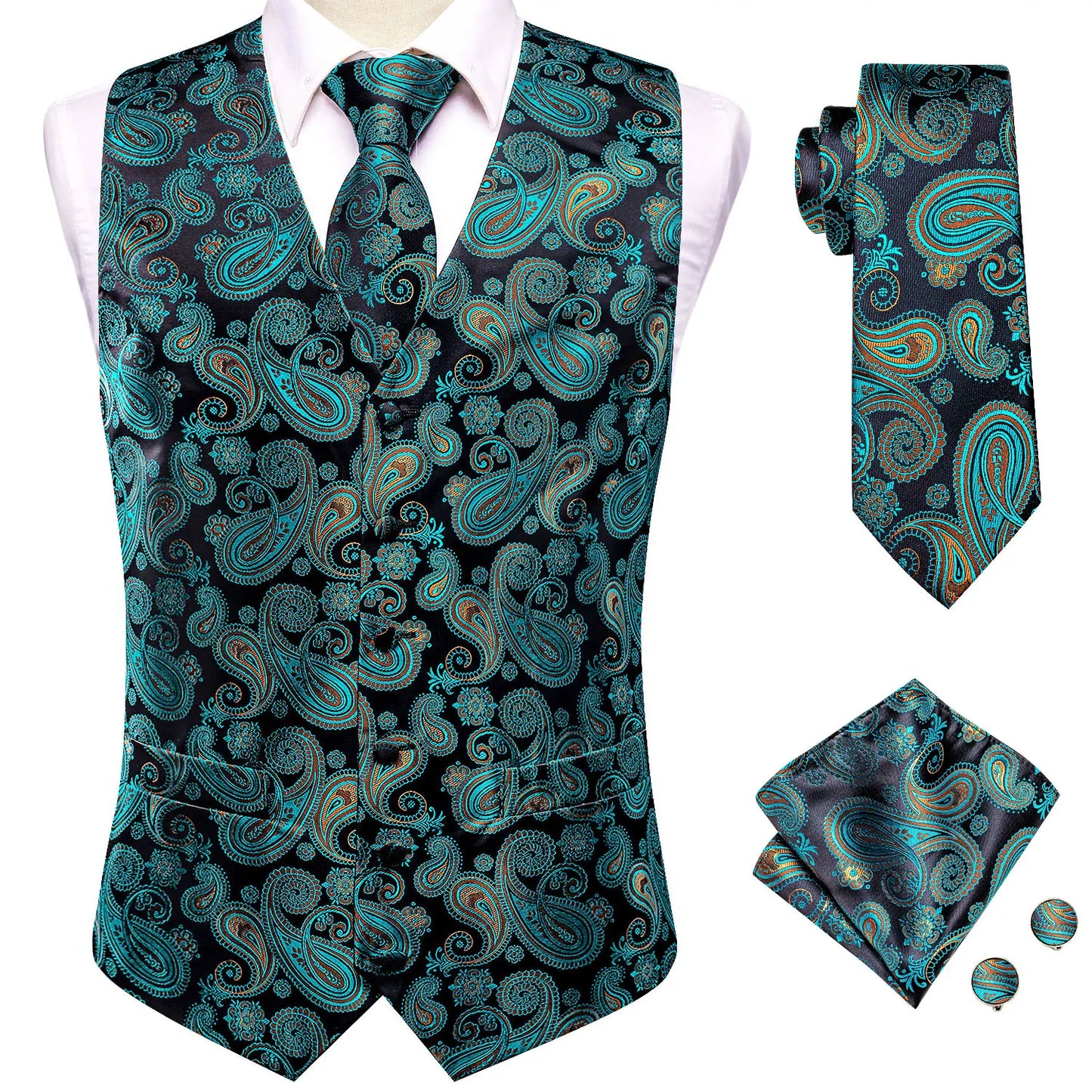 Formal Rose Pattern Paisley Plain Solid Mens Vest Party Wedding Waistcoat Pocket Square Tie  Hankie Suit Set