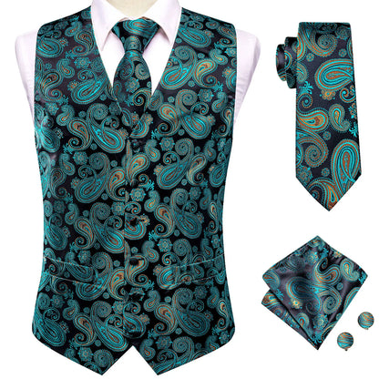 Formal Rose Pattern Paisley Plain Solid Mens Vest Party Wedding Waistcoat Pocket Square Tie  Hankie Suit Set