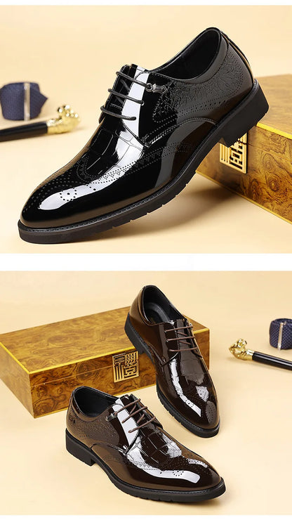 Lace Designer Fashion Business Casual Shoes for Men Spring Summer New Patent Leather Shoes Male Solid Color Wedding Shoe Man