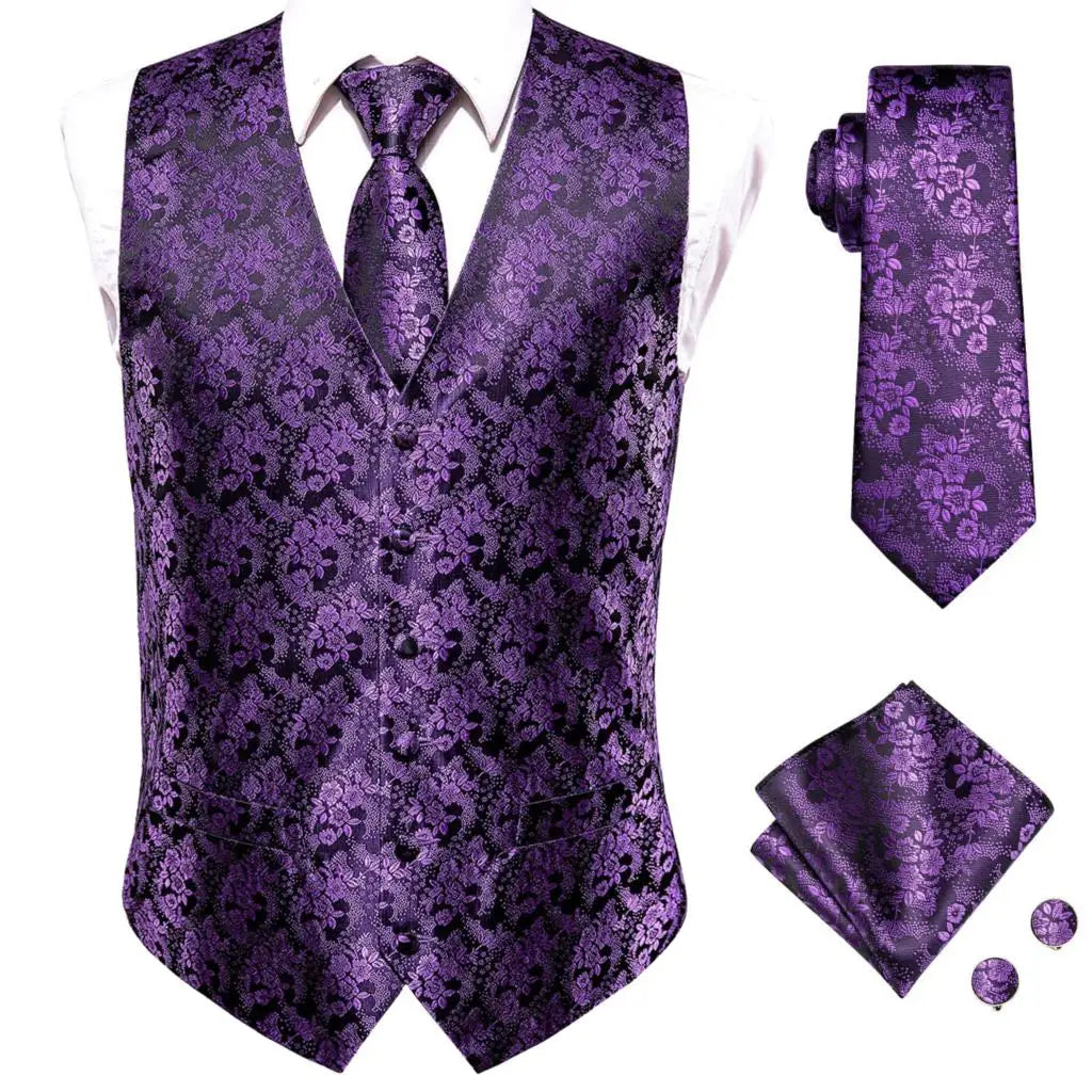 Purple Silk Mens Waistcoat Tie Set Sleeveless Jacket Suit Vest Necktie Hanky Cufflinks Wedding Business Oversized
