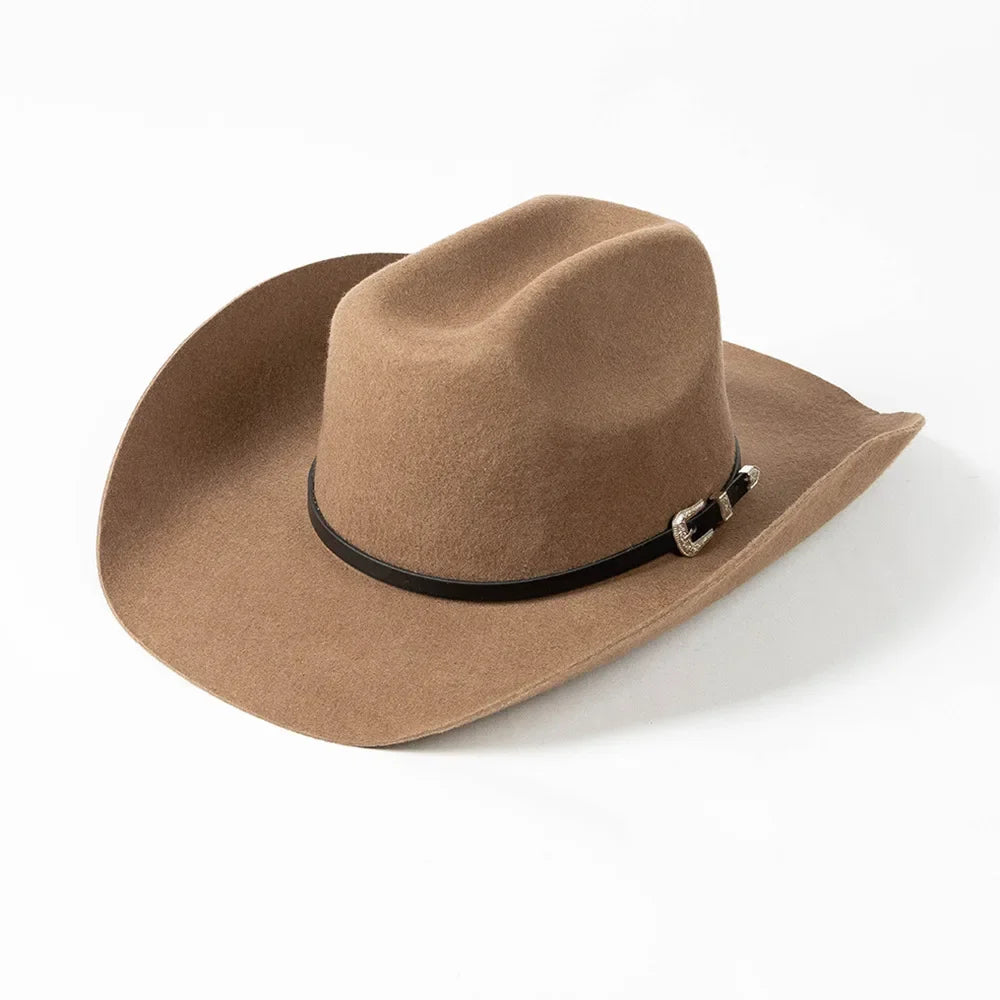 New Autumn Winter Women Fedoras with Belt Buckle Wide Brim Rolled Wool Cowboy Hat M L Size Obtainable