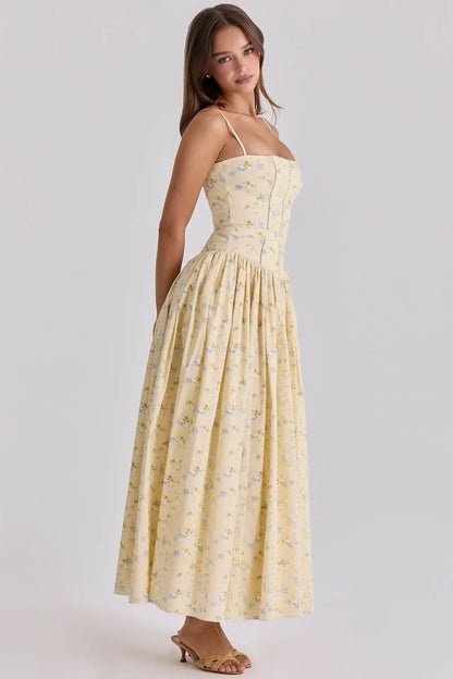 Women Long Floral Print Spaghetti Strap Maxi Dress Summer Elegant Lace Up Dress Flowy Holiday Party Beach Wear Dress