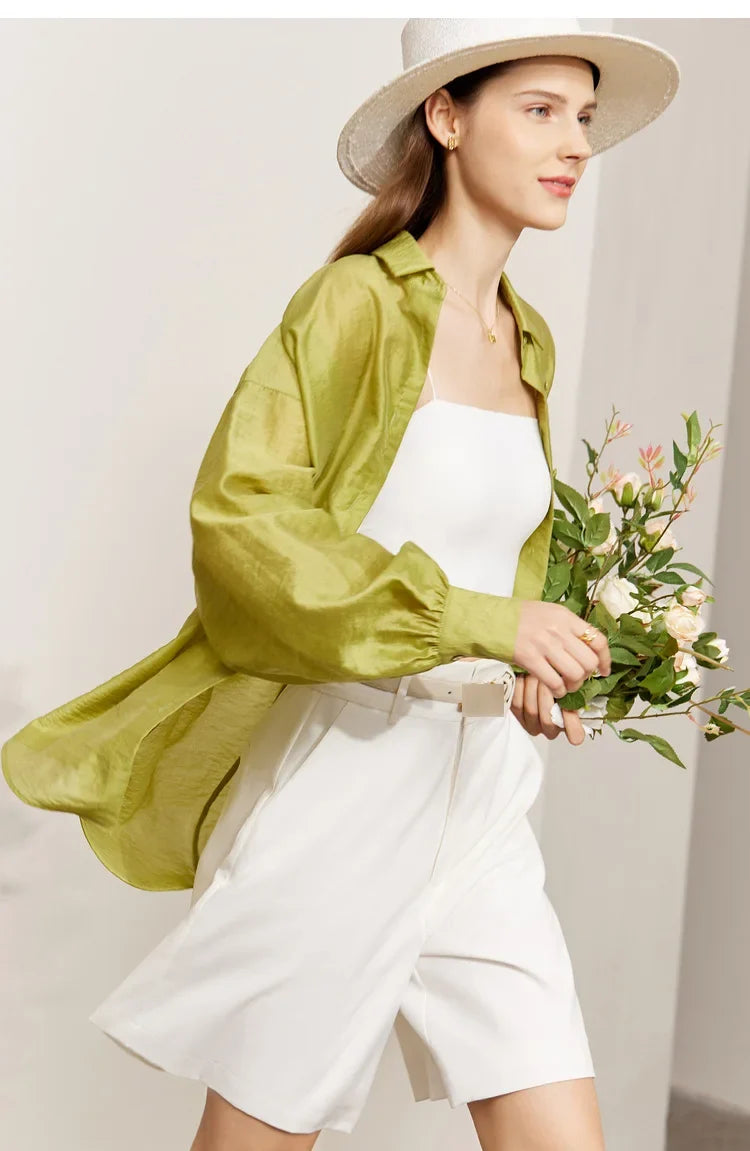Minimalist Blouse for Women 2023 Autumn Lantern Sleeve V-Neck Slightly Transparent Elegant Commuter Clothing Tops 72341030