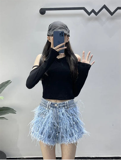 Summer Street Hot Girls Short Jeans Female Chic Feather Diamond Denim Shorts Women Retro Washed Hot Pants Sexy Night Club Shorts