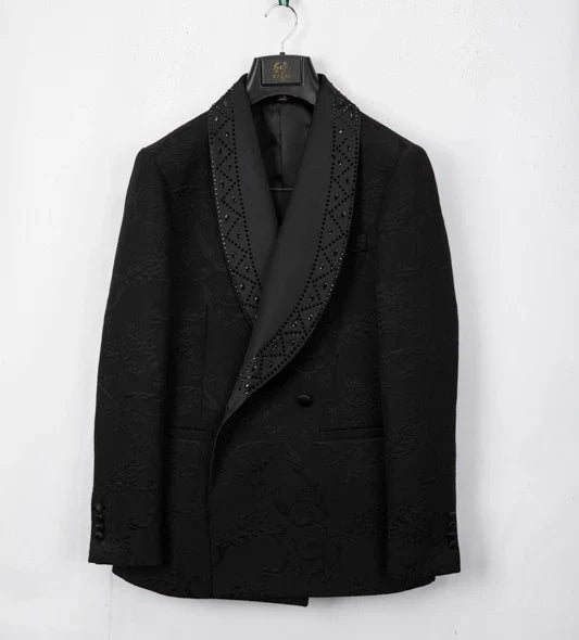 2025 High End Light Luxury Jacquard Hot Diamond Green Fruit Collar Wedding Suits for Men,Black/white Mens Evening Dress 2 Piece