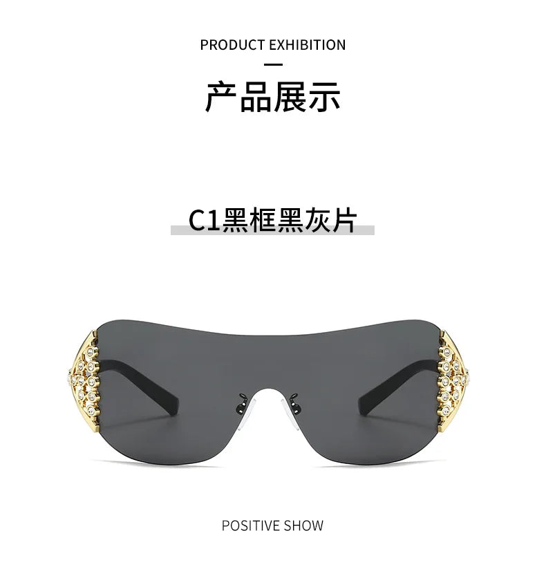 2025 New Ins Diamond Sunglasses Women One-piece Lenses Fan-shaped Sun Glasses Ladies Y2K Trendy Rimless Alloy Legs Punk UV400