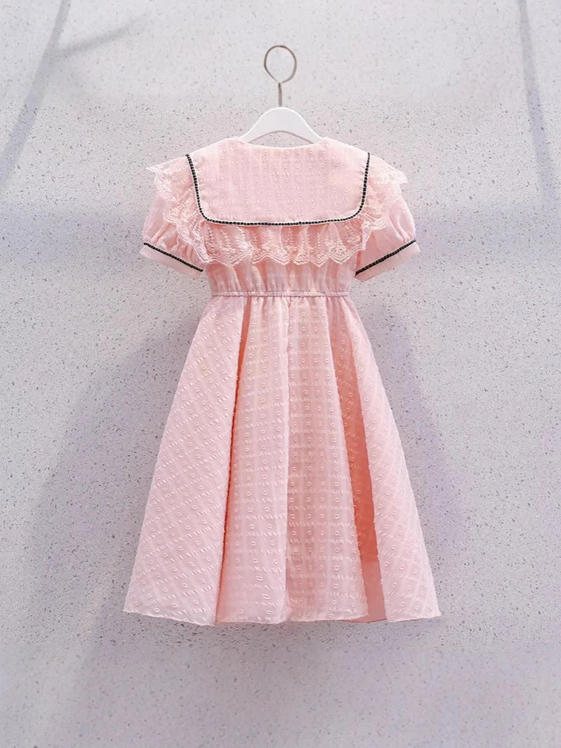 2026 New Summer Dresses Kid Baby Princess Lace Girls Teenager A-LINE STRIPED Chiffon Mid Long Layered Dress 4 8 10 12 14 Years