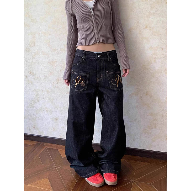 Women Chic Baggy Embroidery Jeans Grunge Japanese Low Rise Y2K Denim Pants 2000s Aesthetic Harajuku Abi Grunge Cyber Punk