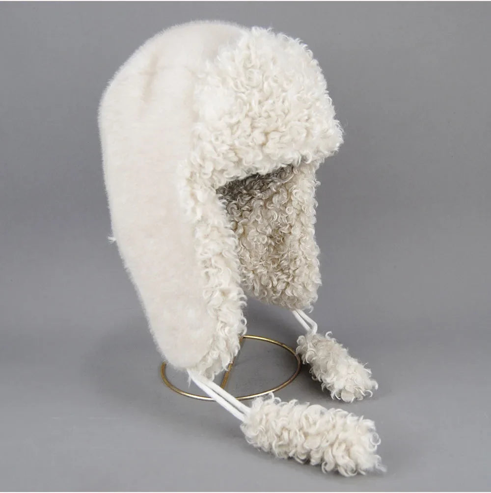 Real Fur Wool Hat Unisex New Winter Warm Bomber Russian Ushanka Hats With Ear Flaps Cow Leather Thick Snow Earflaps Baseball Cap