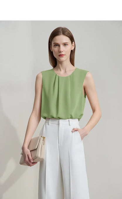 Sleeveless Women's Blouse 2026 Summer O-Neck Asymmetric Chiffon Top For Women Elegant Pleated Office Flowy Shirt 12642060