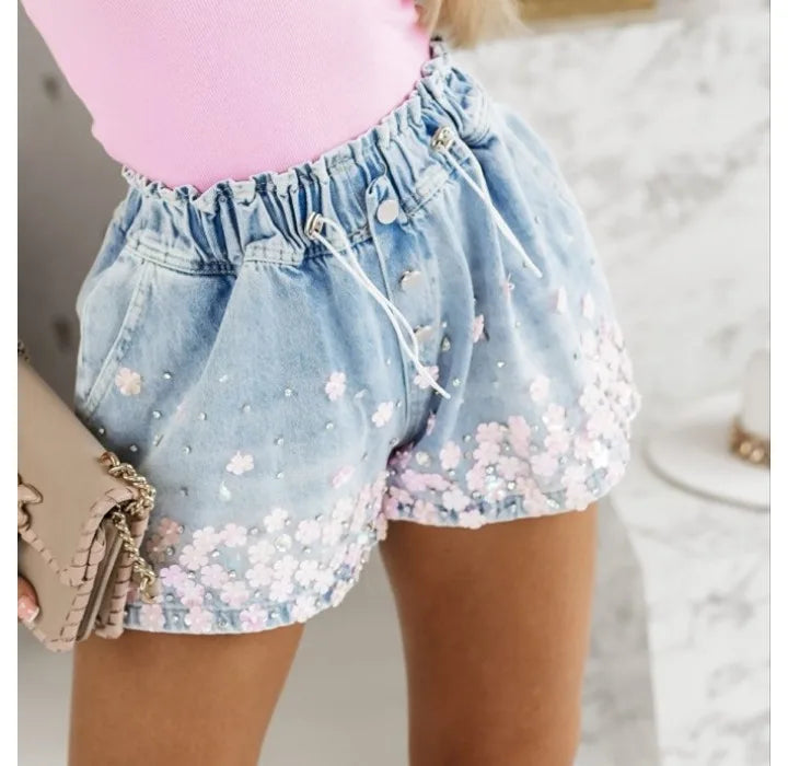 Denim Shorts for Women Streetwear Fashionable and Casual Rhinestone Versatile Y2k Cowboy Half Pants for Female Summer 2024 New