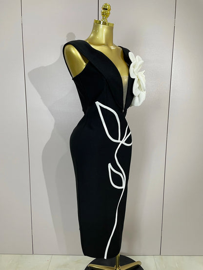 Sexy Off Shoulder White Flower Black Red Bodycon Bandage Long Dress Women Luxury Celebrity Evening Club Elegant Party Gowns