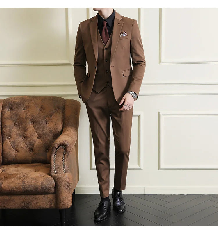 S-7XL Jacket Vest Pants Luxury Elasticity Boutique Fashion Men's Solid Color Casual Business Suit 3-piece Sets Groom Wedding