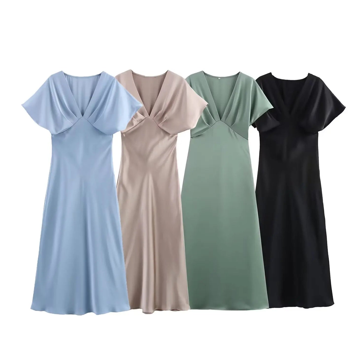 Women Elegant Solid Satin Dress Sexy V Neck Short Sleeve Midi Dress 2025 New Fashion Summer Lady Holidays Party Dress