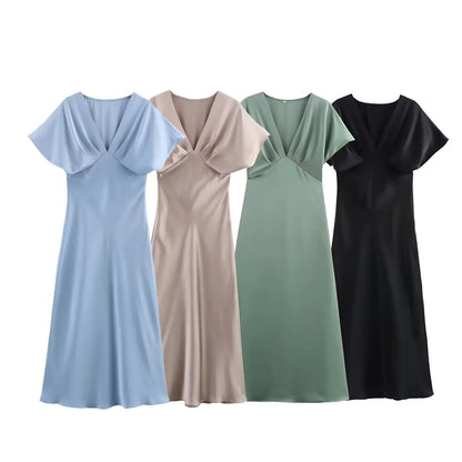 Women Elegant Solid Satin Dress Sexy V Neck Short Sleeve Midi Dress 2025 New Fashion Summer Lady Holidays Party Dress