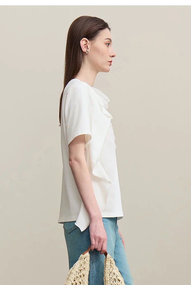Women's T-Shirt 2026 Summer New Round Neck Ruffle Hem Cotton Tee Lace Trim Short Sleeve Loose Fit Top For Women 12642012