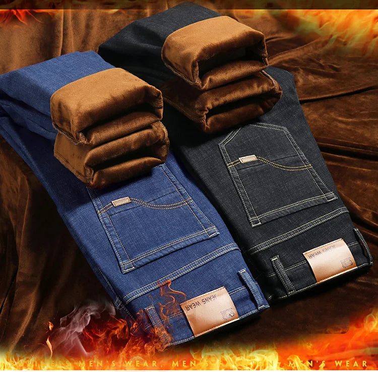 Men New Winter Classics Fleece Thick Warm Jeans Men's Loose Straight Elastic Denim Pants Casual Plush Trousers Large Size 28-40