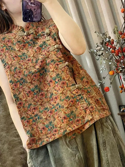 Summer Arts Style Women Sleeveless Single Breasted Loose Vest Vintage Floral Print Cotton Linen Vests Coats High Quality TY89