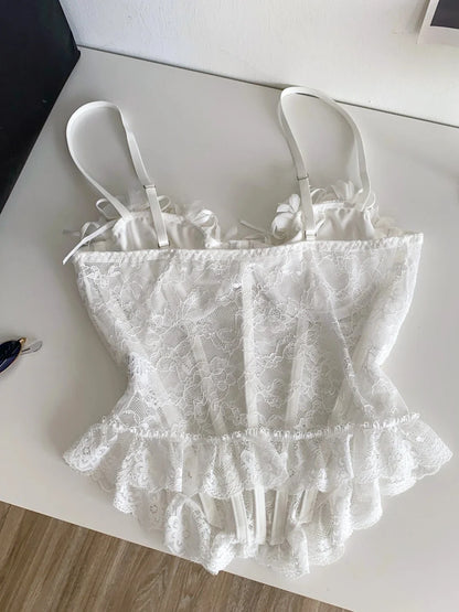 3D Floral Sexy Sheer Lingerie Top Ladies Lace Splice Bodycon Versatile Camisole French Romantic Hotsweet Corset Vest