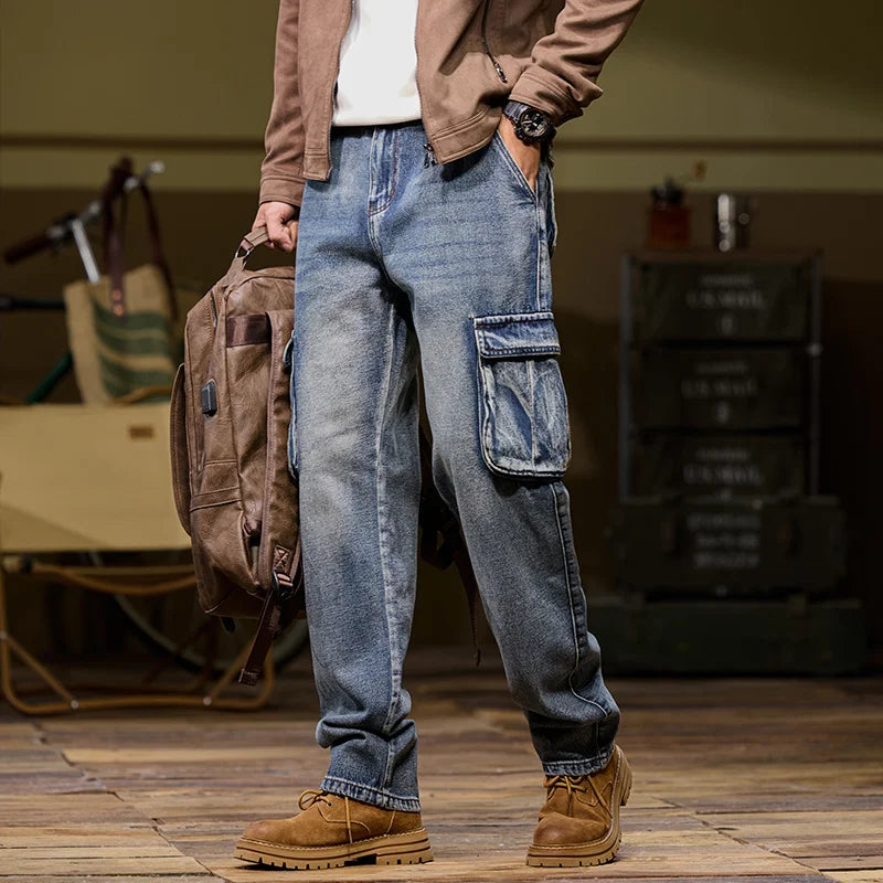 Autumn and winter new styles Men's outdoor multi-pocket cargo jeans Straight loose casual stretch fashion jeans for men