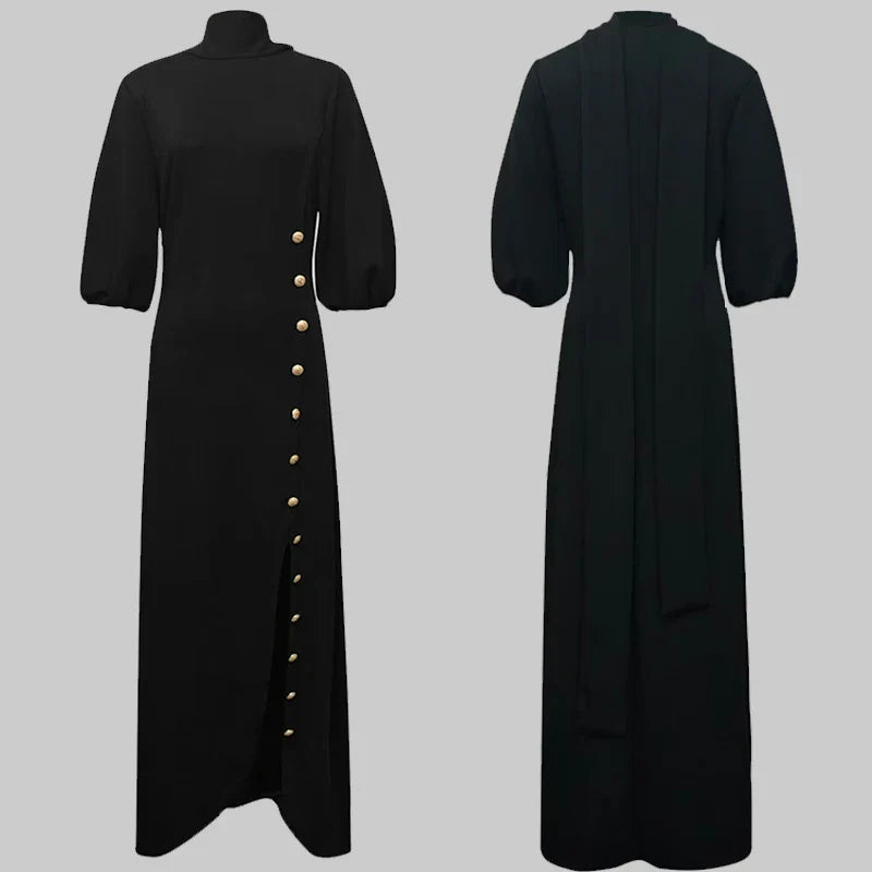 Modigirl Wedding Prom Evening Gown Party Slit Maxi Dresses for Woman 2025 New Lace Up Gold Button Womens Black Autumn Long Dress